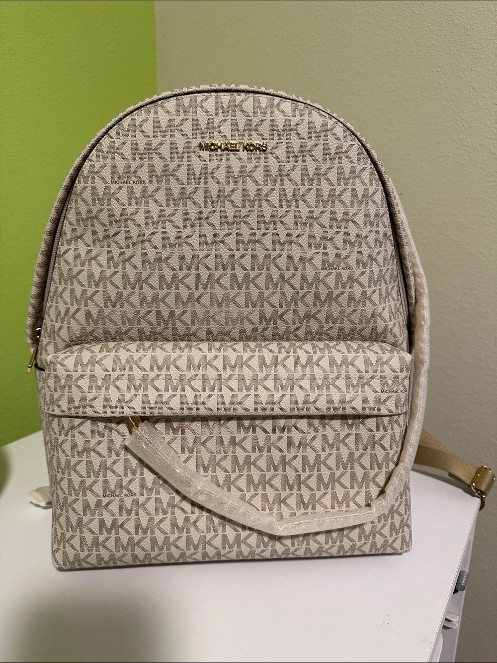 Michael Kors Cream Beige Logo Backpack with Gold Hardware